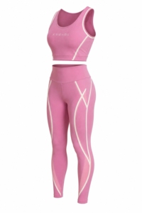 Ensemble de yoga rose 2 pièces : Crop top dos nageur à encolure dégagée et Legging taille haute avec bordure contrastante, sans couture, longueur intégrale, en Spandex et Polyester - Product Image 3
