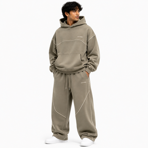 Ensemble de survêtement ample pour homme 2 pièces, sweat à capuche oversize avec passepoil contrastant, pantalon en molleton ample à taille élastique, logo personnalisé - Product Image 1