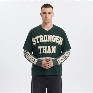 <b>Men's</b> Oversized V-Neck T-<b>Shirt</b> With Embroidered American Street Style Double Layer Long Sleeve Tee <b>Men</b> Embroidery T <b>Shirts</b> <b>Mens</b> - Product Image 4