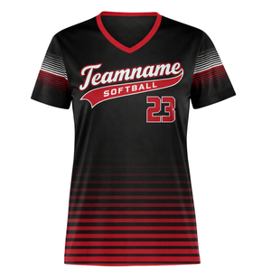 Maillot de softball à sublimation intégrale, dégradé noir-rouge, col en V, uniforme d'équipe personnalisé avec numéro au dos, coupe athlétique - Product Image 2