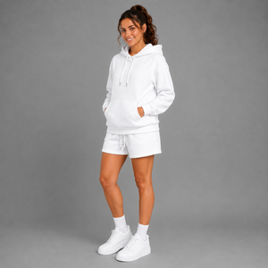 Women's White Hooded Sweatshirt Shorts <b>Set</b> Cotton Fleece Casual Loose Fit Drawstring Pocket Spring Summer Wear - Product Image 5
