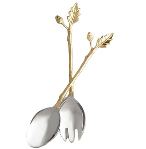 Set of Two Golden Eco-Friendly Stainless Steel & Resin Salad <b>Server</b> Set with Leaf Handle for Home Kitchen Use - Product Image 6