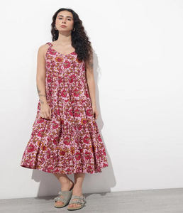 Vestido Midi de Algodón Rosa con Tirantes, Corte Ajustado y Evase, Sin Mangas, Casual de Verano para Mujer, Transpirable y a la Moda - Product Image 1
