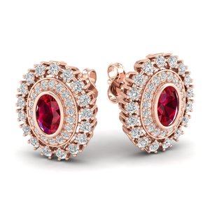 Boucles d'oreilles clous REYES en or massif 14 carats avec moissanite taille ovale 1 carat et rubis, cadeau de fiançailles, bijoux - Product Image 1