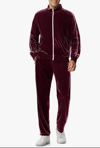 Ensemble de survêtement en velours bordeaux, veste à col montant zippée et pantalon à rayures latérales, tenue deux pièces - Product Image 2