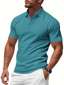 เสื้อโปโลแขนสั้นคุณภาพสูงสำหรับผู้ชาย สีพื้น คลาสสิก เหมาะสำหรับใส่ลำลอง ธุรกิจ และสังคม สไตล์ถัก สีฟ้าอมเขียว - Product Image 1