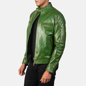 Chaqueta de cuero genuino de piel de cordero para hombre, con logotipo personalizado, estilo motero, color verde metálico. - Product Image 2