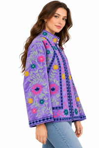 Blouson Bomber Femme en Velours Tricoté Respirant Brodé Main Personnalisé Motif Floral Suzani Col Montant Boutique - Product Image 2