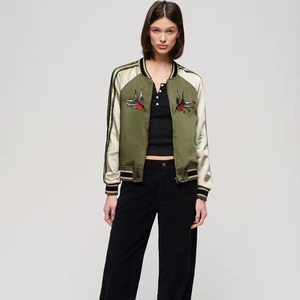 Women Varsity <b>Jacket</b> Olive Green Satin Embroidered Birds Full Sleeve Zipper Front Regular Fit Autumn Style - Product Image 6