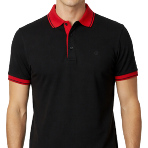 Polo negro para hombre con logotipo personalizado, de alta demanda, con cuello y ribete de manga en rojo contrastante, corte ajustado, manga corta, informal, bicolor. - Product Image 2