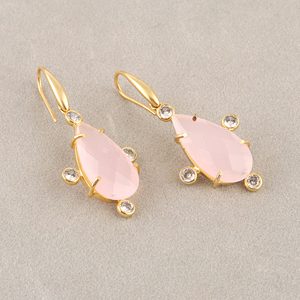 Luxury fashion <b>earrings</b> checker cut pink chalcedony with cz accents dangle <b>earring</b> 18k gold plated pear shape brass drop <b>earring</b> - Product Image 3