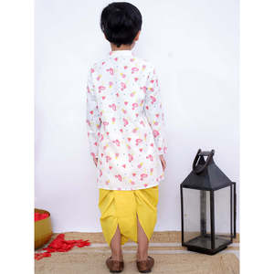 Kurtis Étnicos para Niños Famigo, Blancos y Amarillos, de Manga Larga, Estilo Pakistaní, con Estampado Digital, de Poliéster Elástico, Kurta Dhoti Cosida - Product Image 3