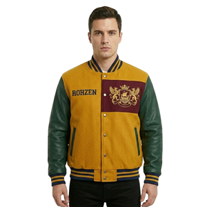 High Quality ODM OEM Customized Men’s Varsity <b>Jacket</b> Green Wool Leather <b>Jacket</b> Gold <b>Red</b> Patch Embroidery Streetwear Outerwear - Product Image 4