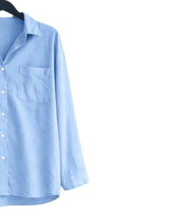 Ensemble deux pièces en lin bleu ciel pour femme, chemise à manches longues boutonnée et pantalon large à taille élastique, tenue décontractée - Product Image 2