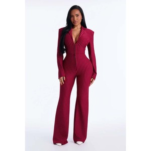 Women's Burgundy High Waist Long Sleeve Jumpsuit With Belt Turn-Down Collar Solid Color Loose Fit Clubwear Autumn Style - Product Image 5
