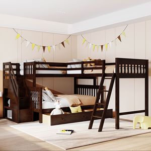 Letto a castello a L con due letti singoli e uno matrimoniale, con 3 cassetti e scaletta, per bambini - Product Image 1
