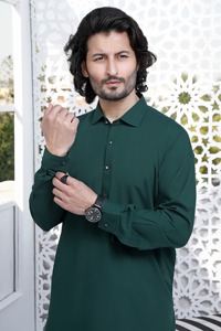 <b>Men's</b> Green Cotton Kurta <b>Pajama</b> <b>Set</b> Long Sleeve Solid Color Casual Daily Wear Ethnic Outfit India Pakistan Style - Product Image 3