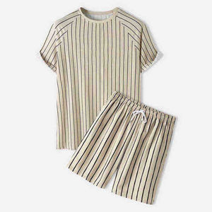 Men's Striped Short Sleeve T-Shirt & Shorts <b>Set</b> Crew Neck <b>Knitted</b> Cotton Casual Summer Wear Breathable Outfit - Product Image 1