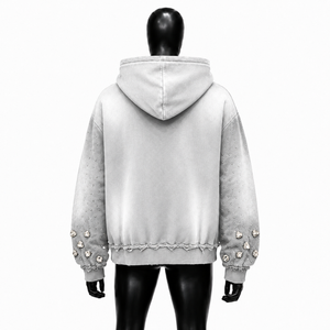 Sudadera con capucha plateada para hombre, extragrande, con cremallera, color liso, adornada con pedrería, estilo urbano, corte regular, 100% algodón polar - Product Image 2