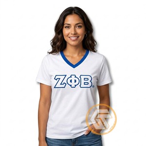 GREEK TREASURES Camisetas de jersey informales de manga corta con cuello en V, transpirables, con logotipo bordado, de la hermandad Zeta Phi Beta para mujer - Product Image 1