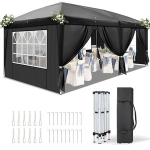 Tendone Istantaneo Nero 3x6m (10x20ft) con 6 Pannelli, 2 Porte, 4 Finestre a Rete, Telaio in Acciaio 28/22mm, Travi Trasversali 10x20mm, Verniciato a Polvere, Singolo - Product Image 2