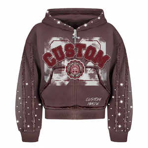 Sudadera con capucha para hombre, 450 g/m², felpa francesa, 100% algodón, con apliques de pedrería, borde deshilachado, corte holgado, estilo urbano - Product Image 1