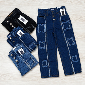Ropa para Niñas, Moda Moderna, Pantalones Vaqueros Anchos con Parches y Estampado Geométrico, Venta al por Mayor de Lotes de Ropa Vaquera Infantil - Product Image 3