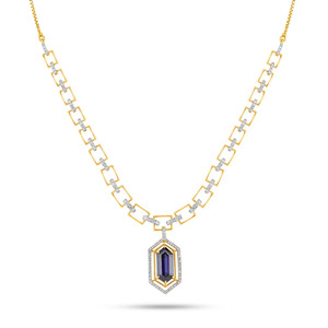 Royal Blue <b>Emerald</b> Frame Diamond <b>Pendant</b> Necklace with Open Square Link Chain Design - Product Image 1