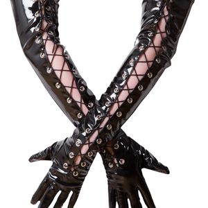 Gants longs en PU noir style punk avec lacets, sans doublure, pour soirée - Product Image 1