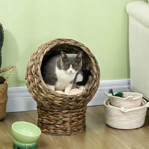 Lit pour chat surélevé tissé à la main en forme d'œuf avec coussin moelleux, maison pour chat, panier en osier, mobilier pour animaux de compagnie - Product Image 1