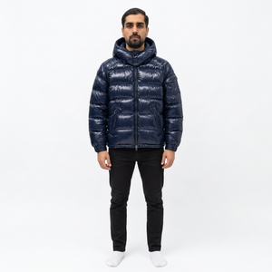 Men's <b>Navy</b> <b>Blue</b> Hooded Puffer <b>Jacket</b> Breathable Front Windproof Zipper Closure Regular Length Polyester Filled Casual Winter - Product Image 2