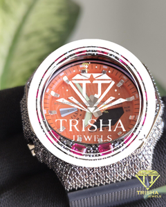 Reloj de Plata de Ley 925 con Incrustaciones de Diamantes Moissanite, Esfera Naranja Intensa y Bisel con Gema de Corte Esmeralda Rosa - Product Image 3