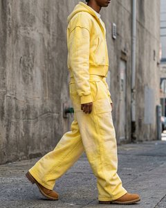 Ensemble jogging et sweat à capuche tendance pour homme, coupe courte zippée, en coton délavé et vieilli, style streetwear - Product Image 2
