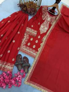 Traje Salwar Kameez Rojo Bordado para Mujer, Ropa Tradicional de Boda, Estilo Indio Pakistaní, Vestido de Poliéster hasta el Tobillo - Product Image 5