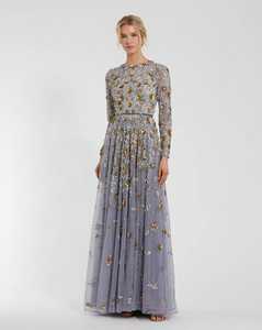 Robe de soirée longue grise en mousseline de soie transparente à col montant illusion coupe sirène - Product Image 5