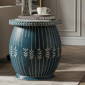 Cajón con incrustaciones de hueso con acabado de madera disponible a precios de mayorista. Mesita de noche con diseño de enredaderas redondas disponible a precios de mayorista. - Product Image 4