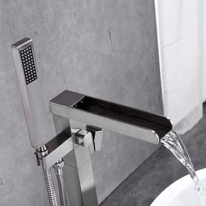Rubinetto a cascata autoportante per vasca da bagno, montaggio a pavimento, in nichel spazzolato, con doccetta - Product Image 3