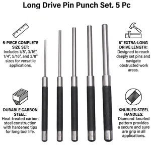 Jeu de poinçons à longue portée 5 pièces |   Acier au carbone |   Extra long 8 pouces |   Précision de préhension moletée |   Kit d'outils pour la réparation du métal et du bois - Product Image 5