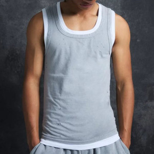 Camiseta sin mangas de doble capa para hombre, estilo casual, de algodón desgastado con lavado ácido, colores contrastantes, transpirable, tejido de punto, ¡la más vendida! - Product Image 1