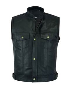 <b>Men's</b> <b>Black</b> Genuine Leather Moto <b>Vest</b> Stand Collar Zipper Closure Solid Color Outerwear Regular Length - Product Image 1
