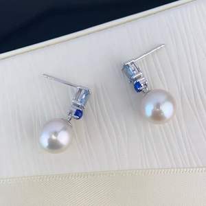 S925 <b>Silver</b> Non-Nuclear Freshwater <b>Pearl</b> 8-9mm Round Flawless Ocean Blue Treasure Dangle <b>Earrings</b> with Temperament Good Quality - Product Image 3