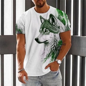 T-shirt pour homme blanc avec logo frontal imprimé loup, respirant, manches courtes, col rond, jersey décontracté en coton, coupe classique - Product Image 4