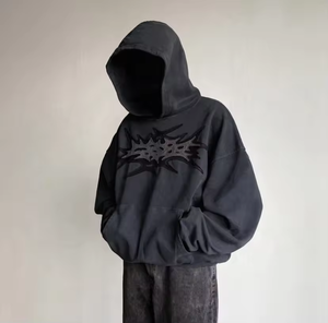 Gothic Hooded Pullover Men Oversized Black <b>Silicone</b> Printed Solid Cut Design Regular Sleeve French Terry Winter 100% Cotton - Product Image 2