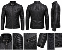 Blouson moto homme en cuir véritable noir, col montant, fermeture éclair, coupe ajustée, style motard, pour l'automne