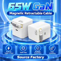 Chargeur rapide GaN 65W avec câble Type-C rétractable magnétique intégré, port USB-C pour la charge de téléphones et tablettes