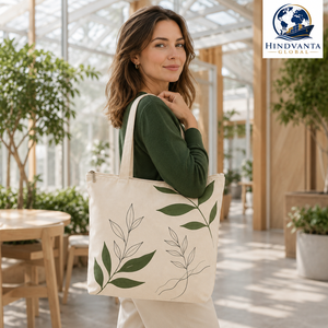 Leaf Print Canvas & Cotton <b>Tote</b> <b>Bag</b> PP Webbing Zipper Shoulder Handle <b>Medium</b> Size Reusable Shopping Carryall for Daily Travel - Product Image 6
