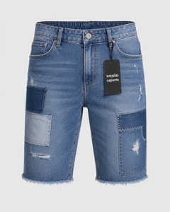 Pantalones Cortos de Mezclilla para Hombre Veslo Sports, Diseño Patchwork, Cintura Media, Cierre de Botones, Algodón Lavado - Product Image 1