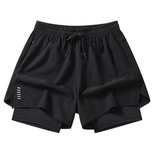 Shorts de sport noirs 2-en-1 pour hommes, taille élastique, séchage rapide, en polyester tricoté, couleur unie, logo sur la jambe gauche - Product Image 2