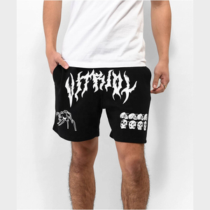 Shorts de bain décontractés pour hommes en coton noir avec imprimé crâne et araignée blancs, cordon de serrage haute taille, respirants, coupe-vent, anti-plis, séchage rapide - Product Image 2