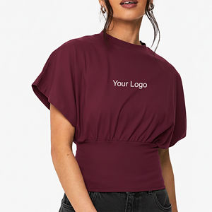 Nuevo Artículo: Camiseta Corta para Mujer, Cuello Redondo, Manga Corta, Color Sólido Morado, con Logotipo Estampado, Corte Holgado, Informal, Primavera-Verano, Tejida - Product Image 4